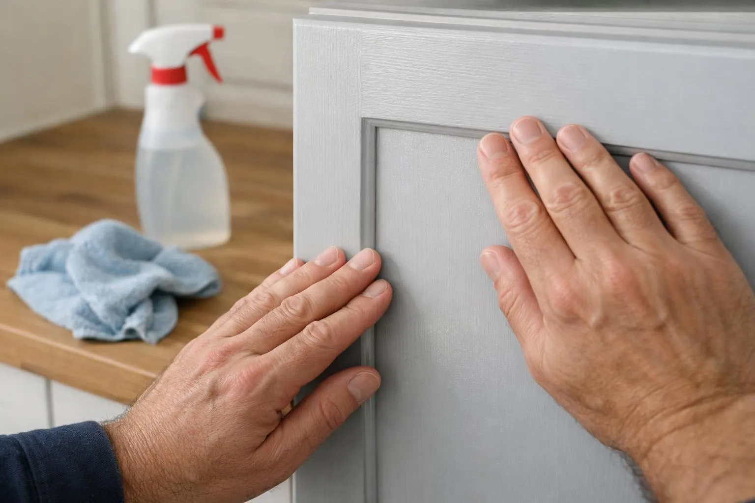 Mains d'un homme nettoyant et entretenant un meuble en bois.
