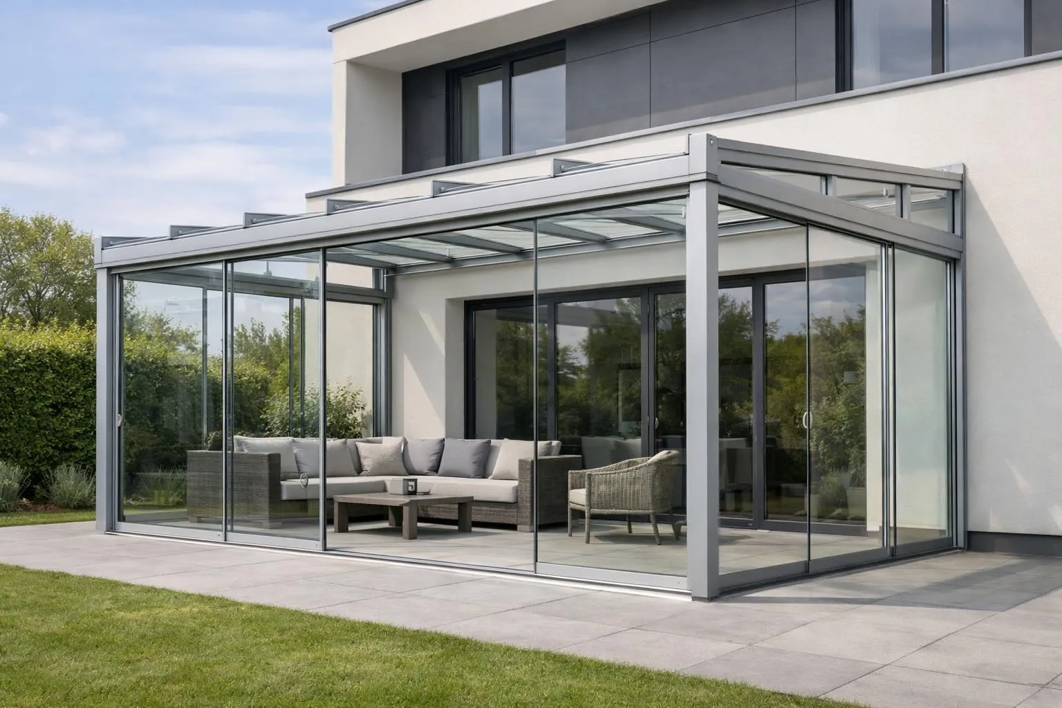 Maison moderne avec grande véranda en verre et mobilier extérieur.