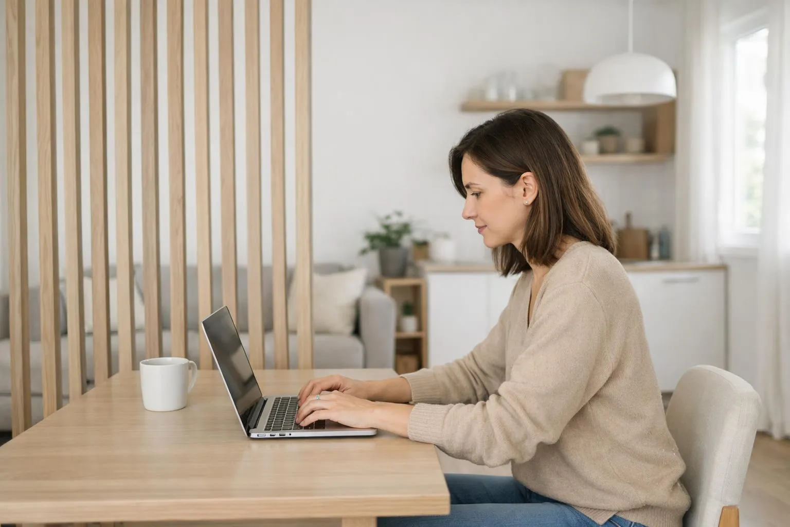 Femme assise à un bureau, utilisant un ordinateur portable dans un intérieur moderne.
