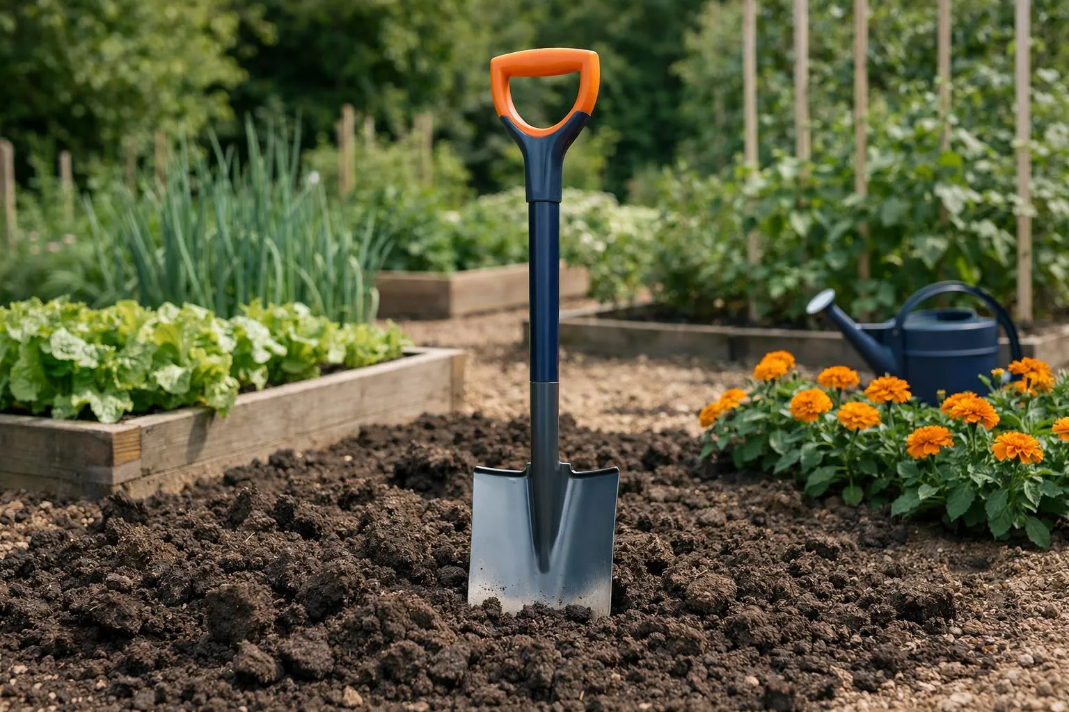 Pelle de jardinage orange et bleue plantée dans le sol d'un potager.