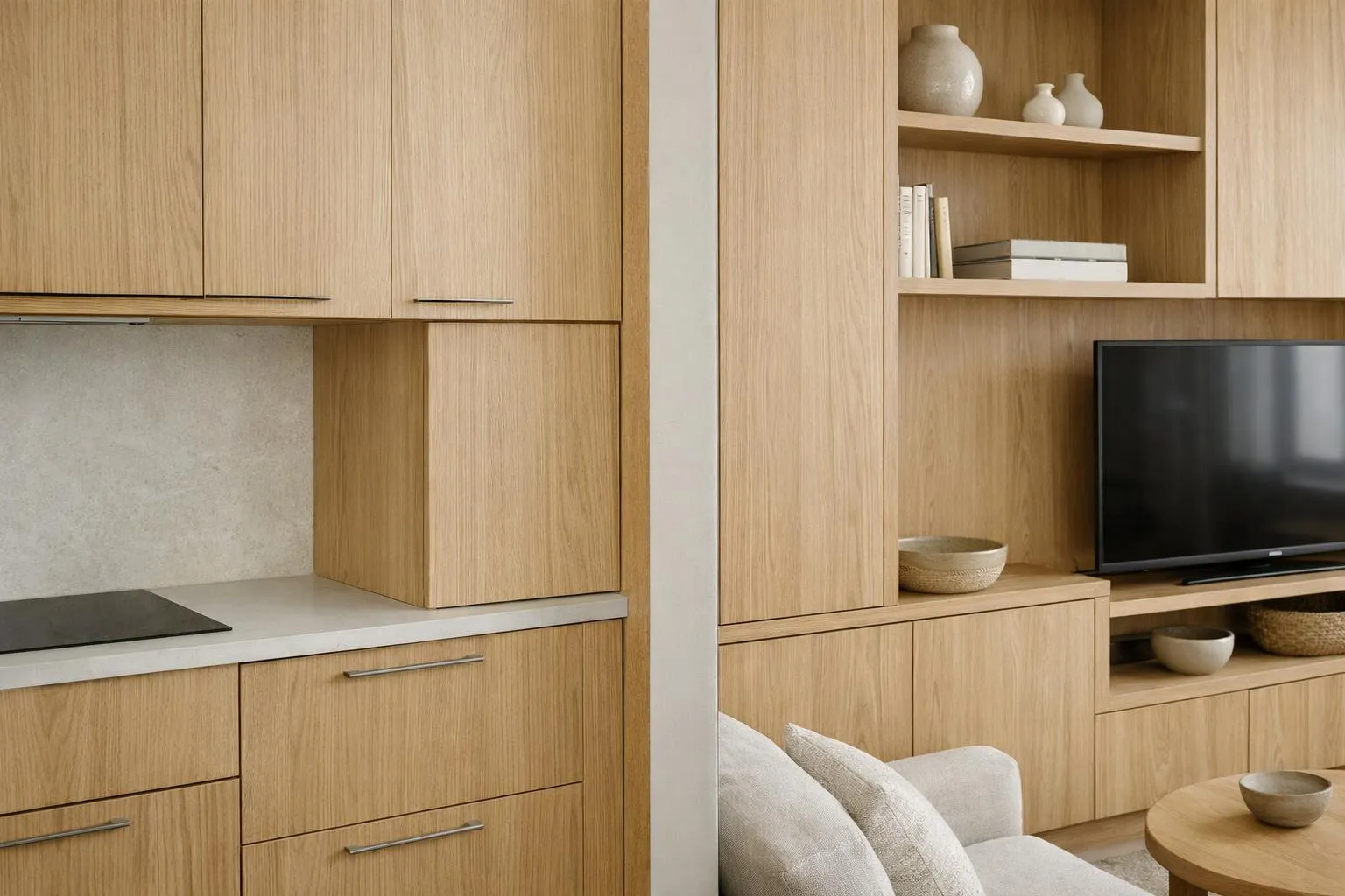 Intérieur moderne avec meubles en bois et étagères décoratives.