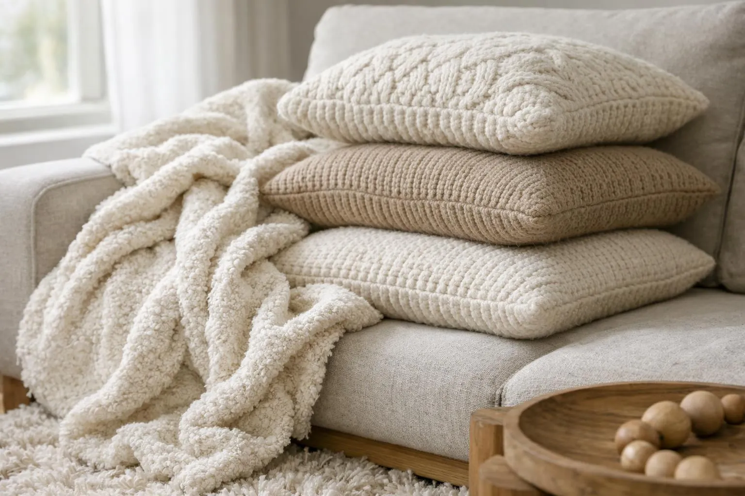 Coussins et couverture en tricot beige sur un canapé confortable.