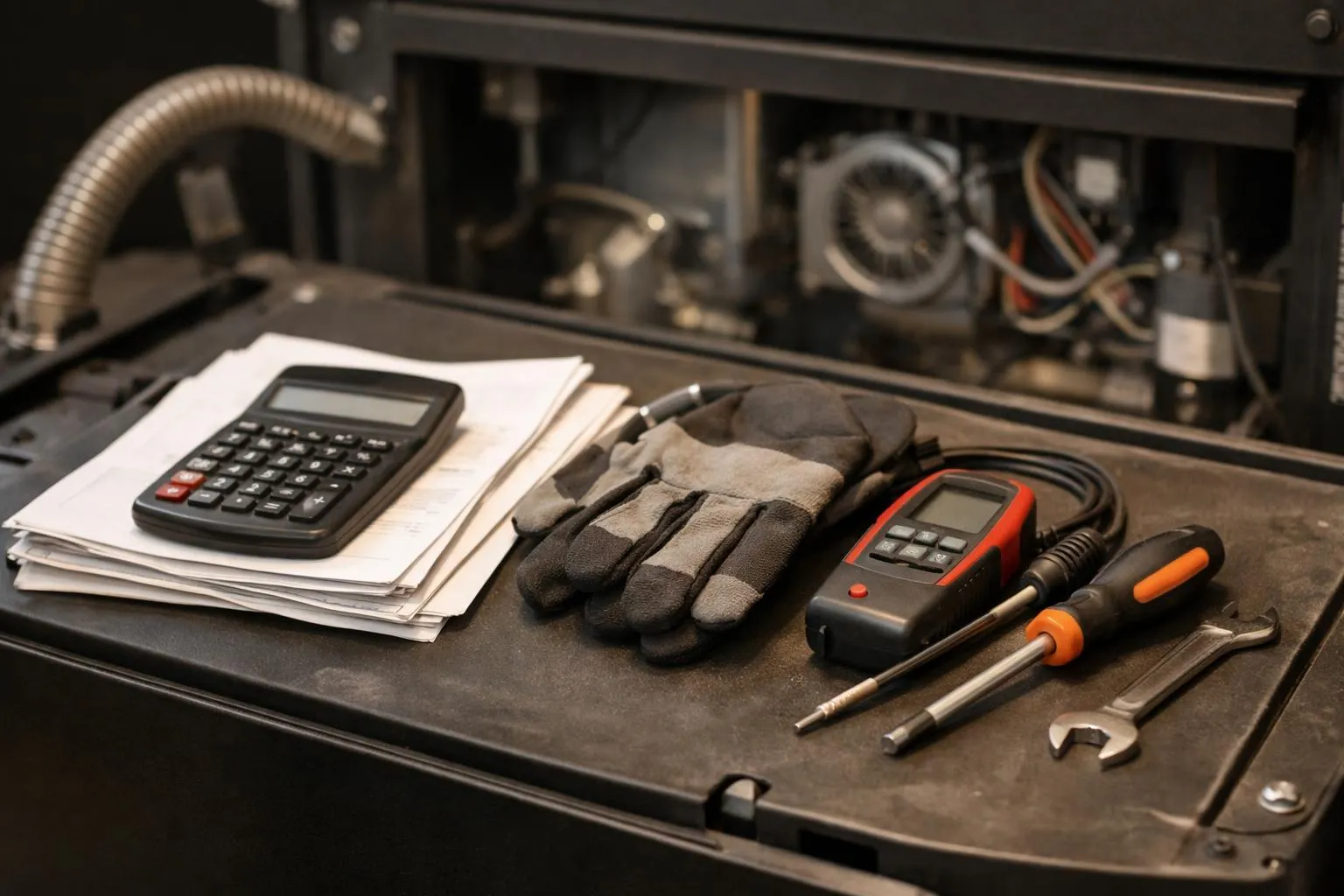 Outils et accessoires de réparation électronique sur un bureau sombre.