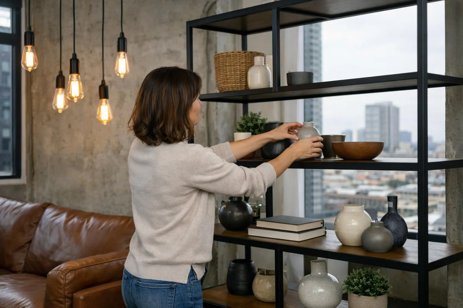 Femme arrangeant des objets décoratifs sur des étagères dans un intérieur moderne.