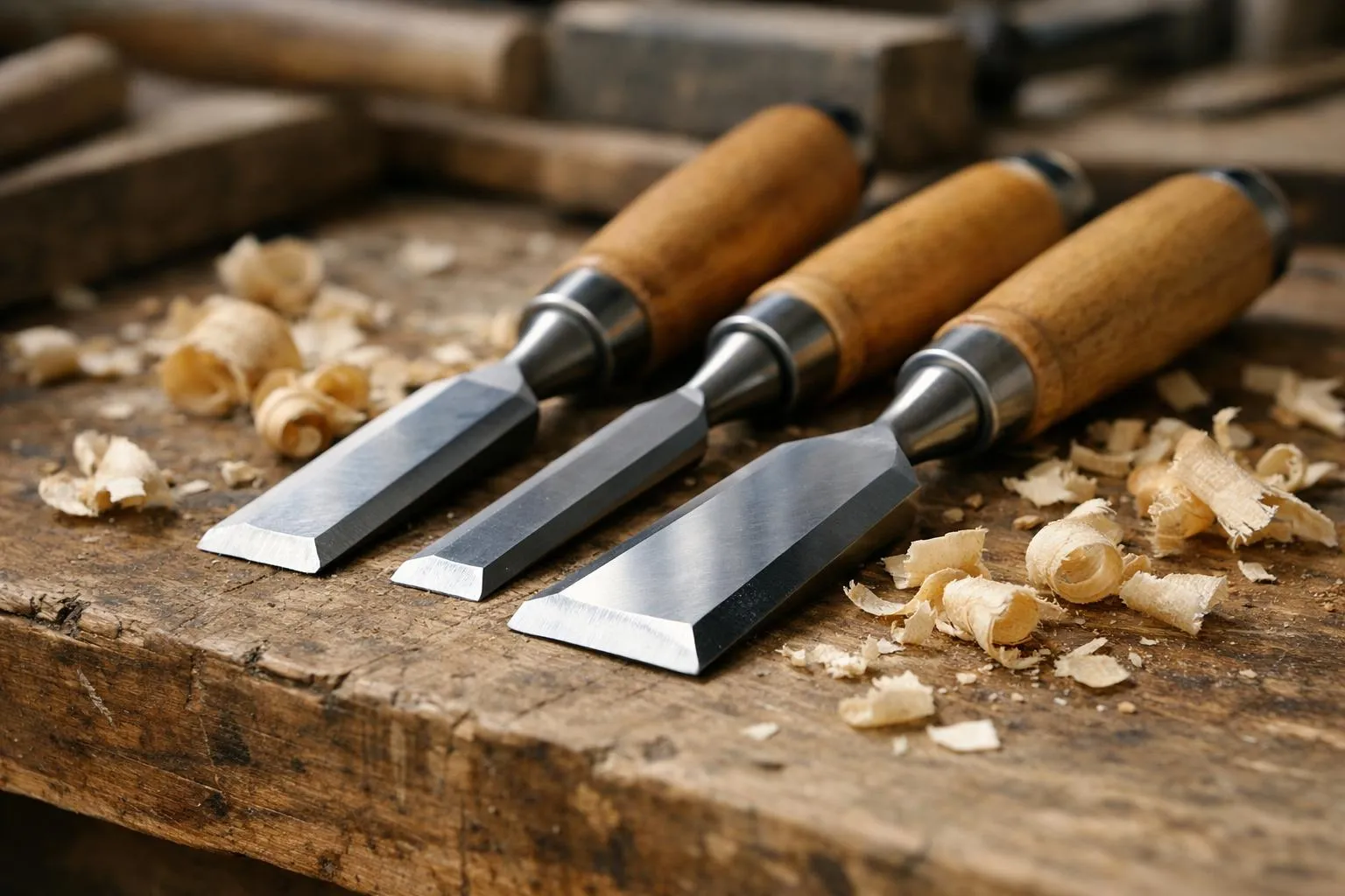 Outils de menuiserie en bois et métal sur un établi en bois.