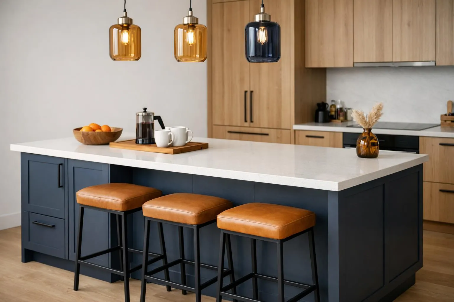 Cuisine moderne avec îlot central, luminaires ambrés, tabourets en cuir.