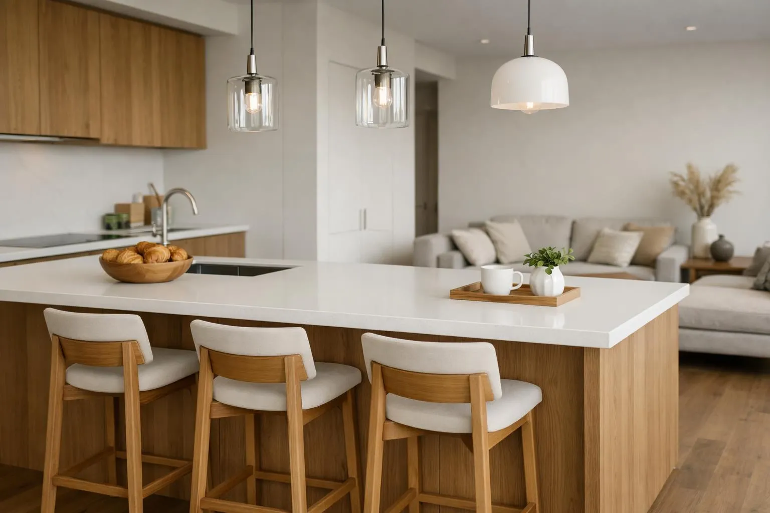 Cuisine moderne avec îlot central, luminaires suspendus, et mobilier en bois et blanc.