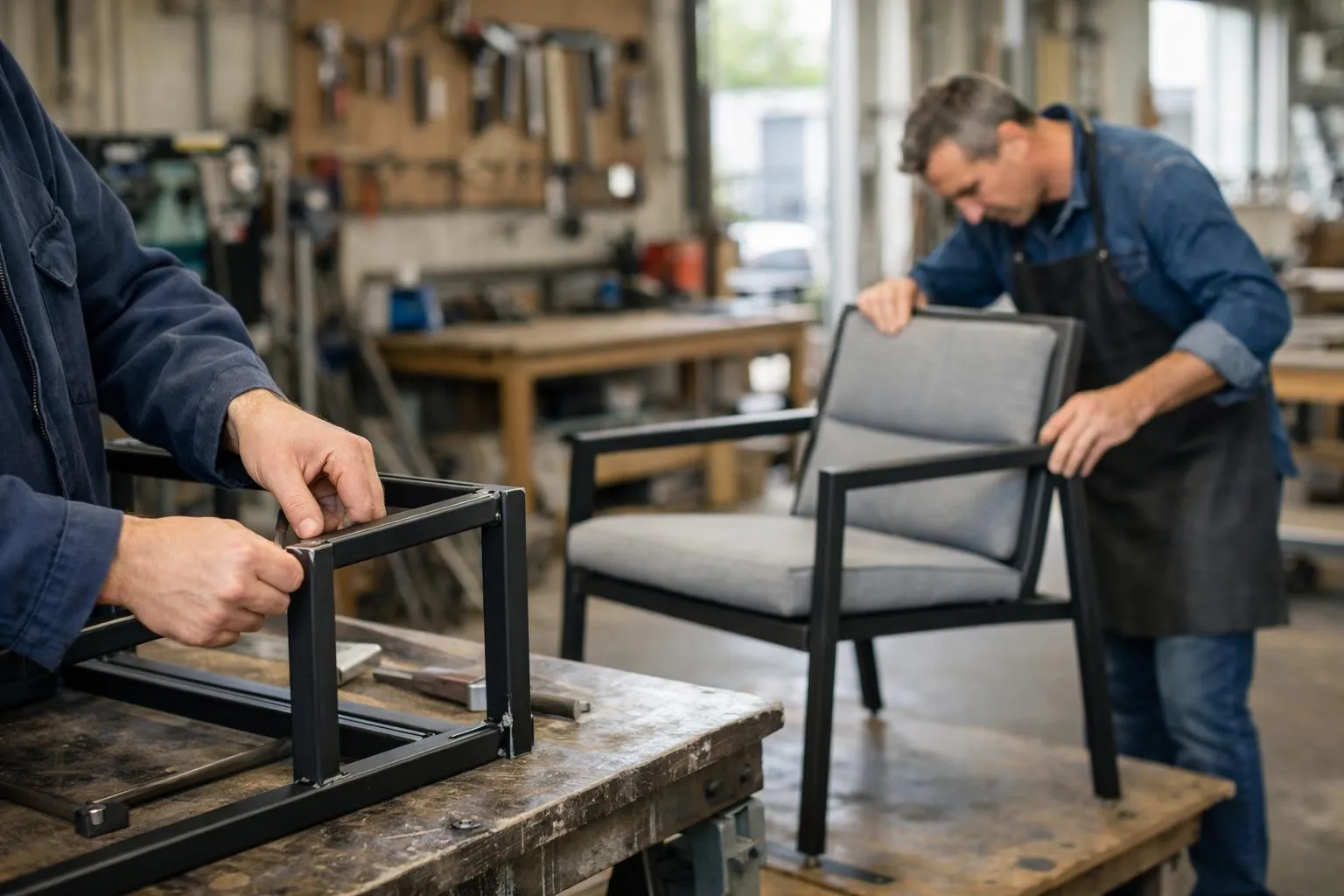 Atelier de menuiserie avec un homme réparant un fauteuil.
