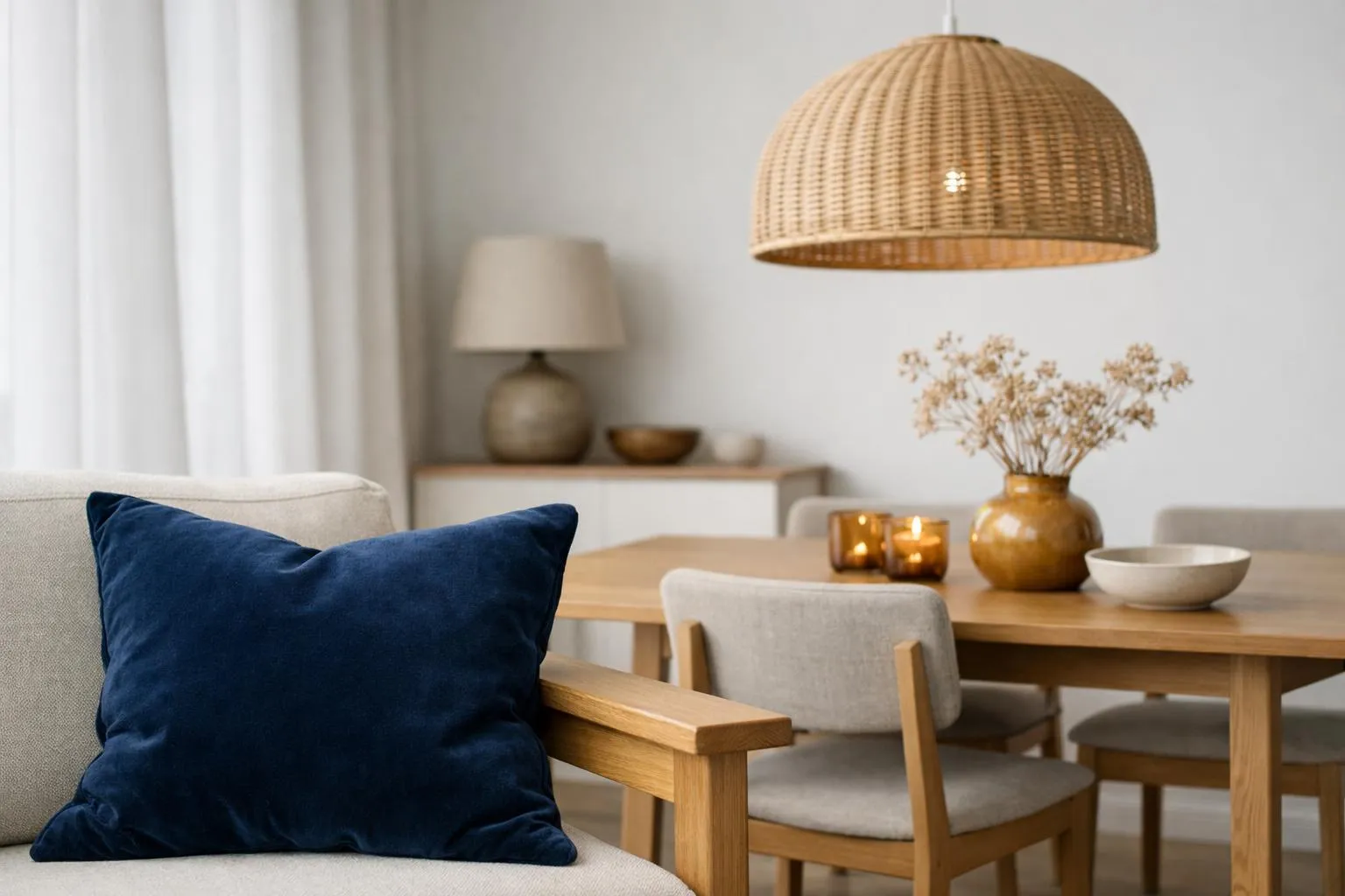 Intérieur élégant avec luminaire en rotin, table en bois et décoration naturelle.