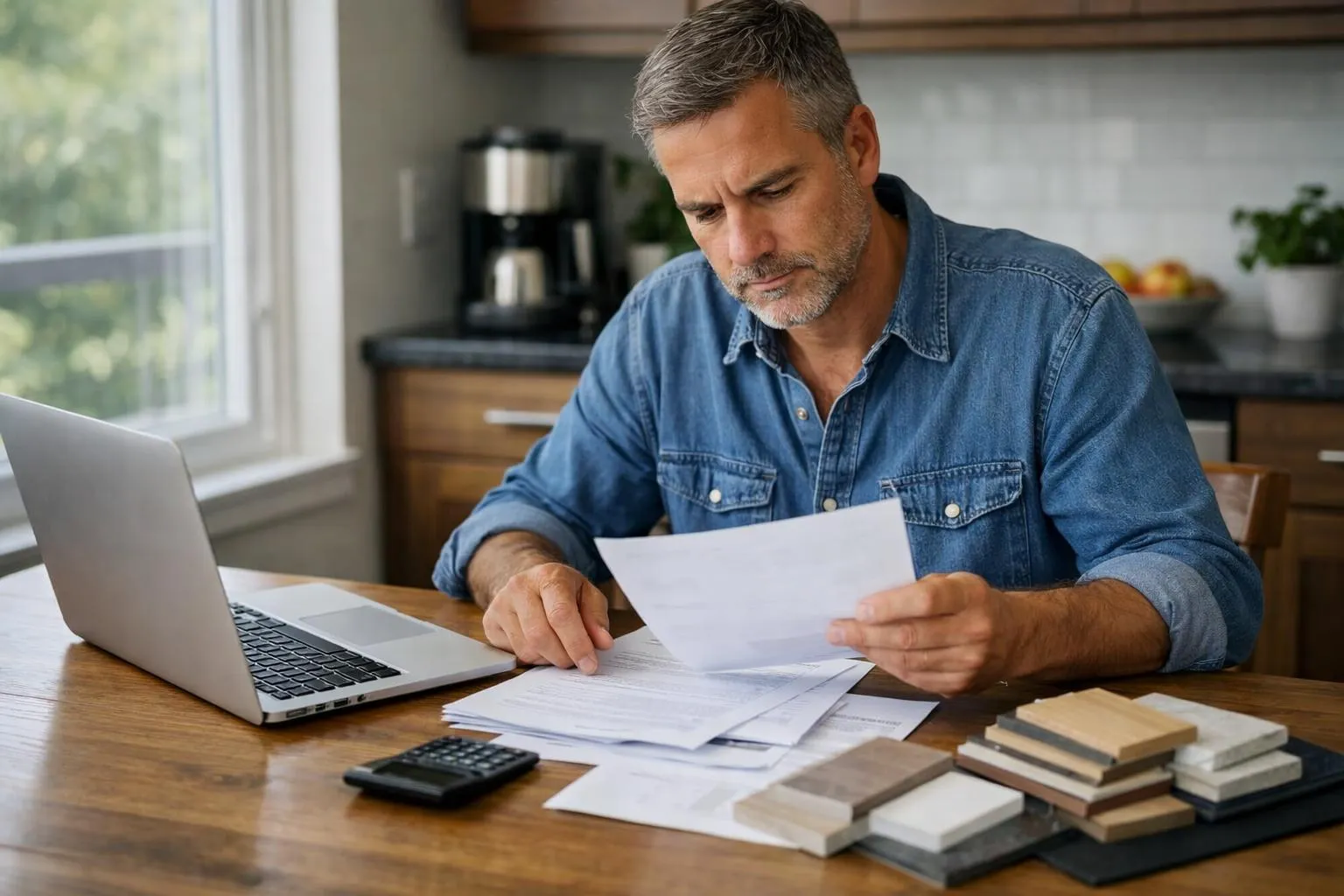 Homme d'affaires mature concentré sur des documents sur son bureau.