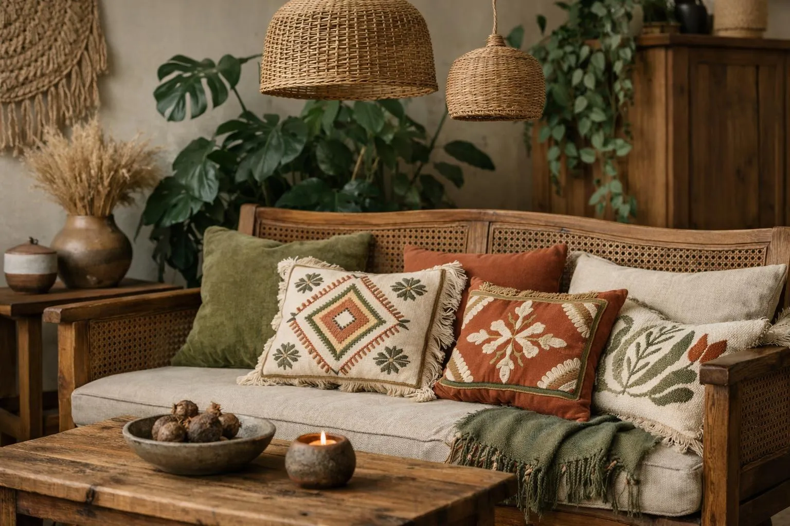 Intérieur cosy avec mobilier en rotin, coussins colorés et plantes vertes.