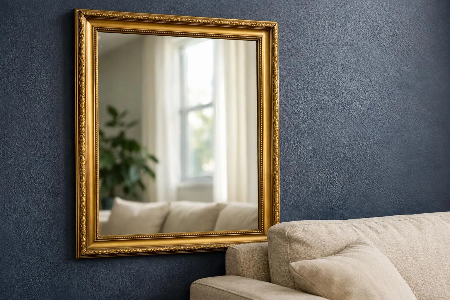 Miroir doré encadré sur un mur sombre avec un canapé beige.