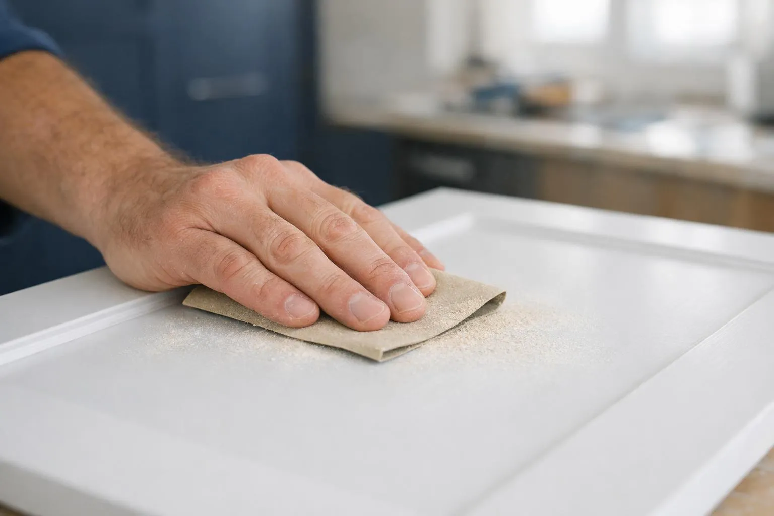 Mains masculines ponçant une surface blanche avec du papier de verre.