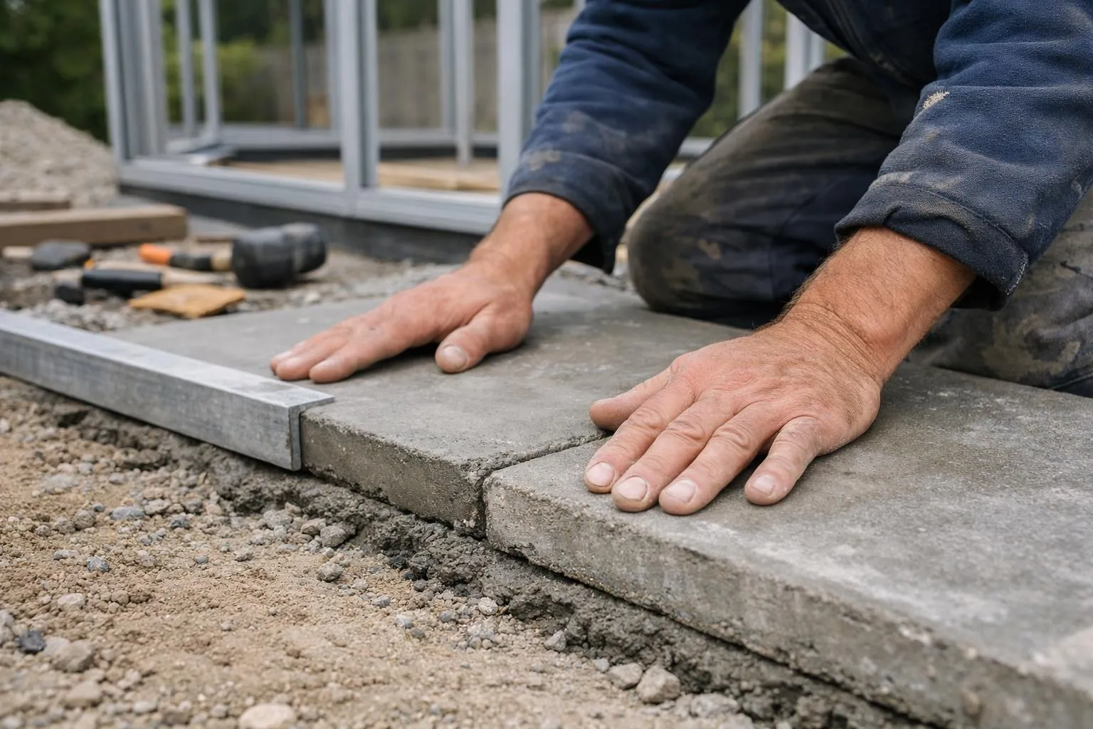 Mains d'un ouvrier posant des dalles de béton sur un chantier.