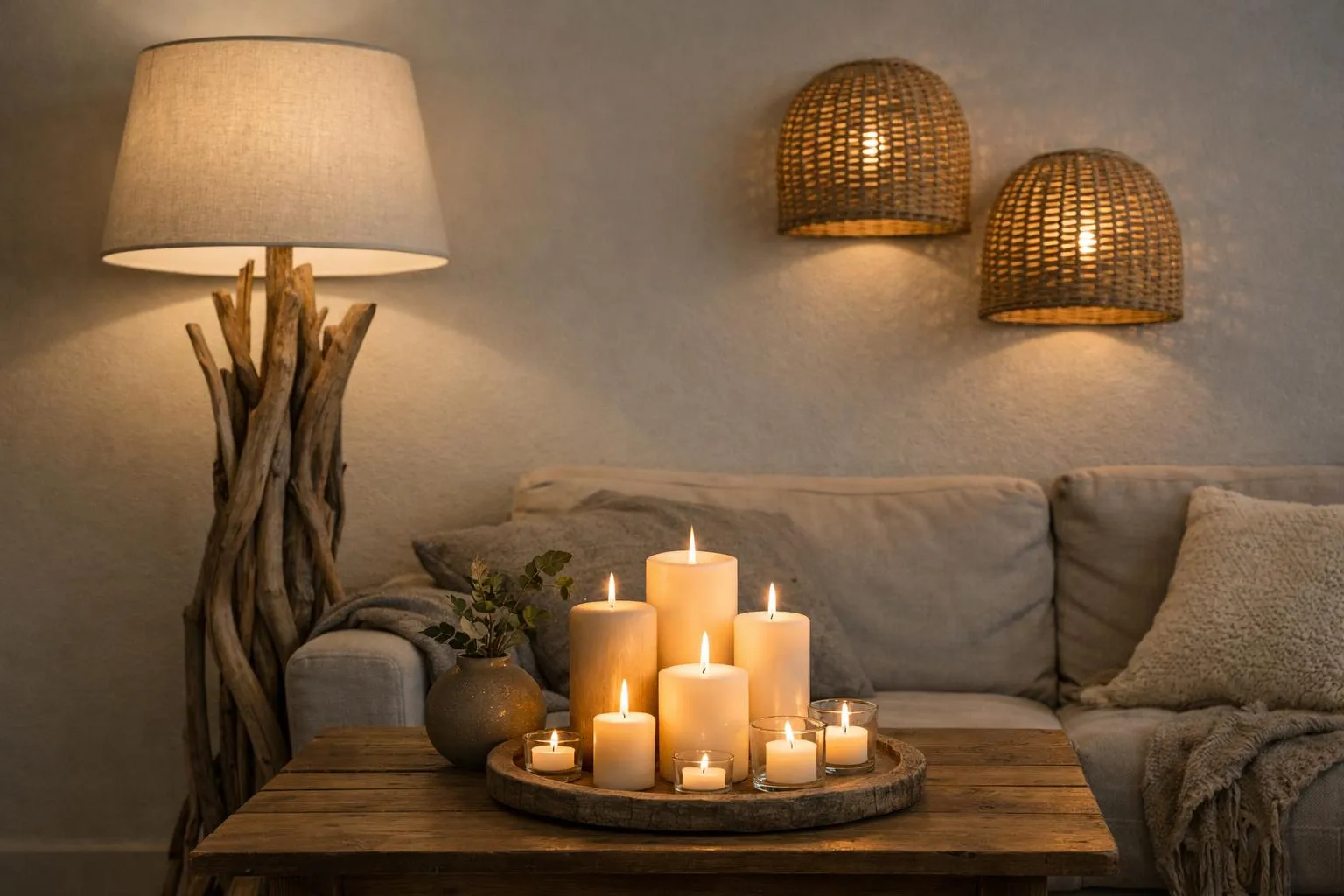 Salon cosy avec lampes en rotin, bougies allumées et plante verte.